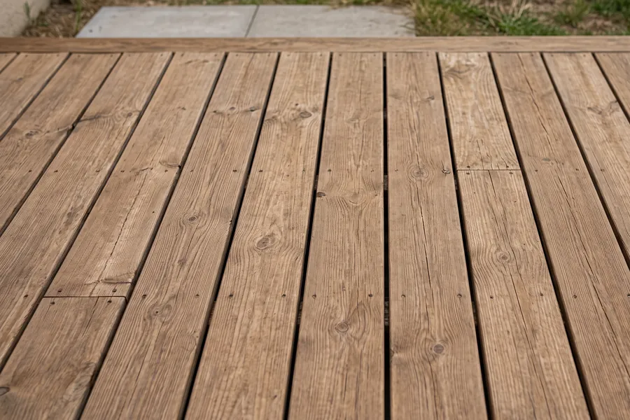 Terrasse en lames de bois après nettoyage, veinage et teinte naturelle apparents.